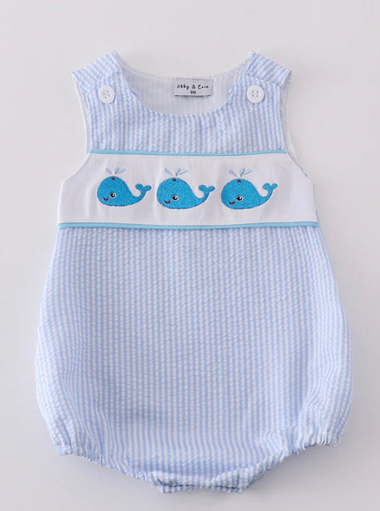Blue Seersucker Whale Embroidery Bubble