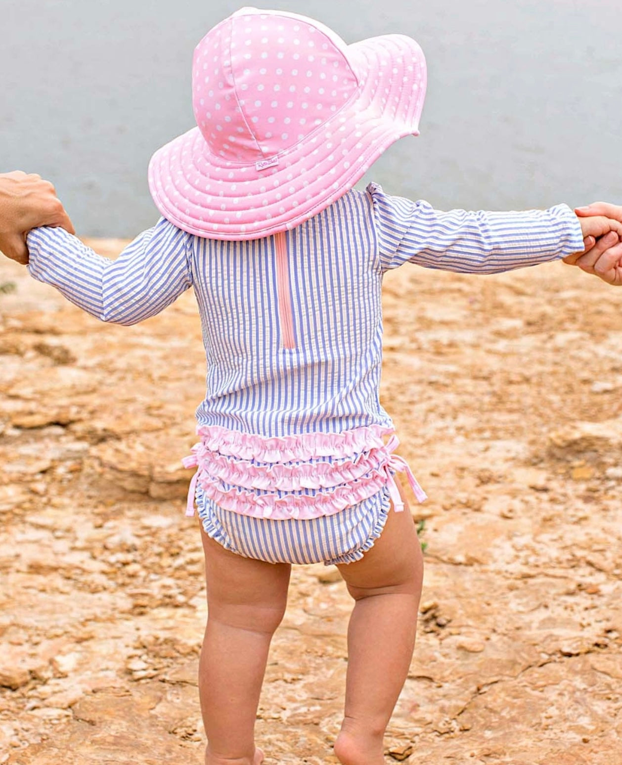 Periwinkle Blue Seersucker Rash Guard Swimsuit w/Ruffles