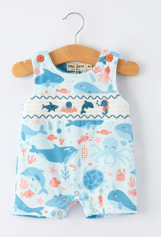 Marine Animal Smocking Embroidered Romper