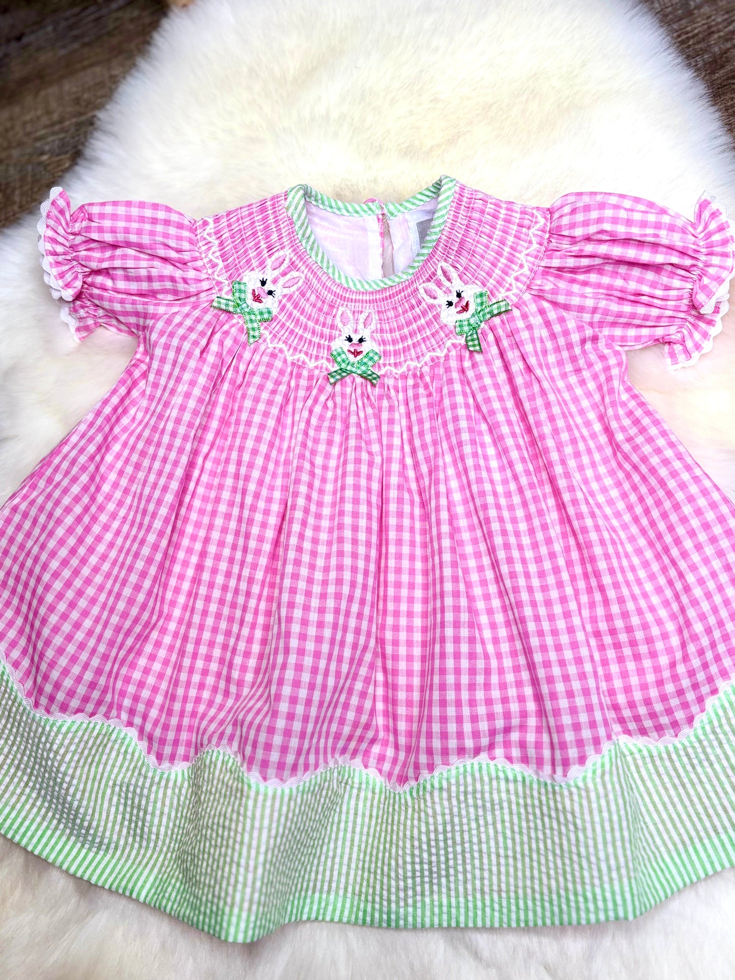 Pink gingham Bunnies Smocked Dress