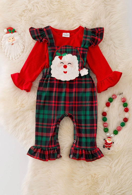 Red Ruffle Top & Plaid Santa Overalls