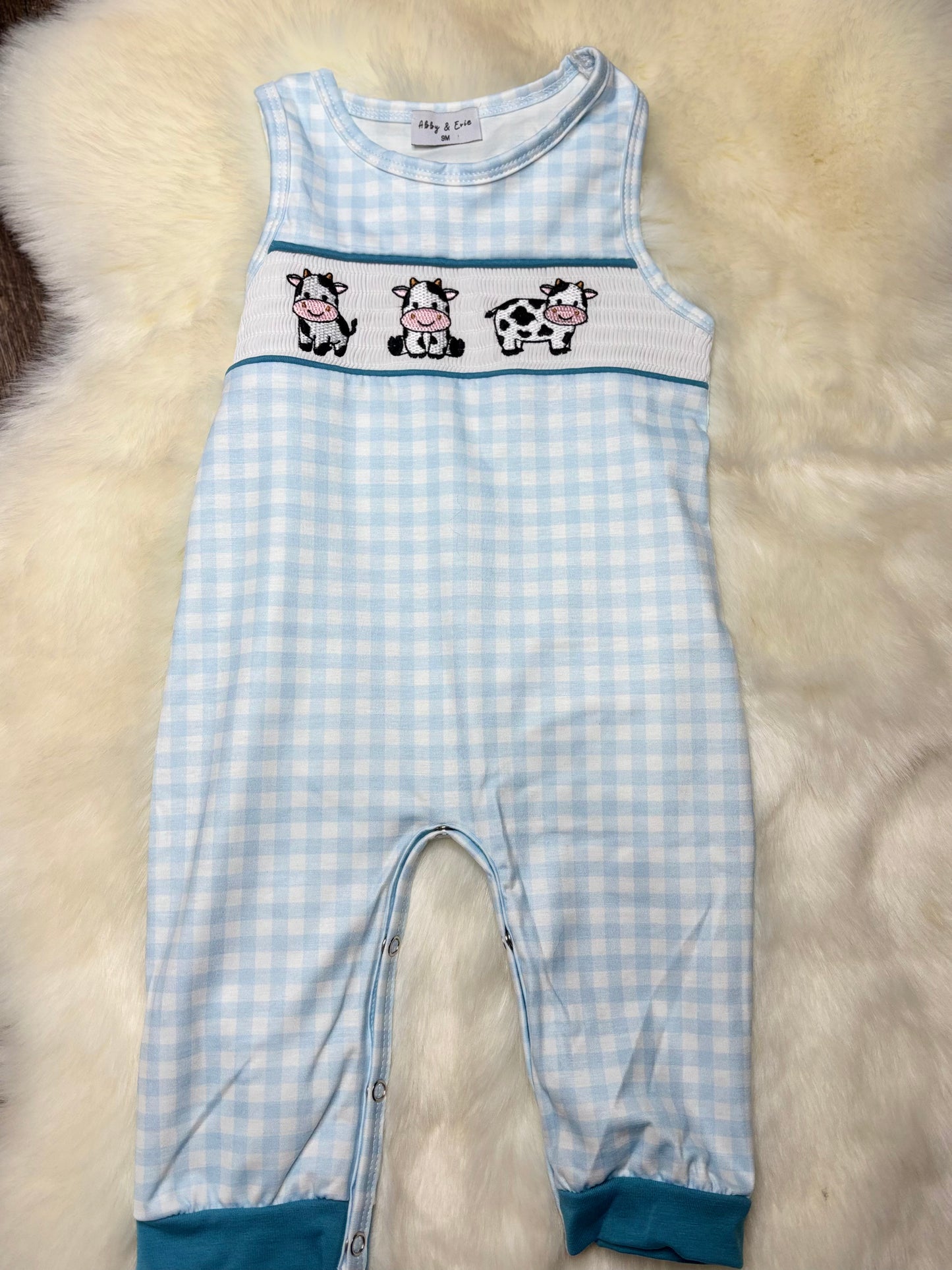 Blue Gingham Cow Romper