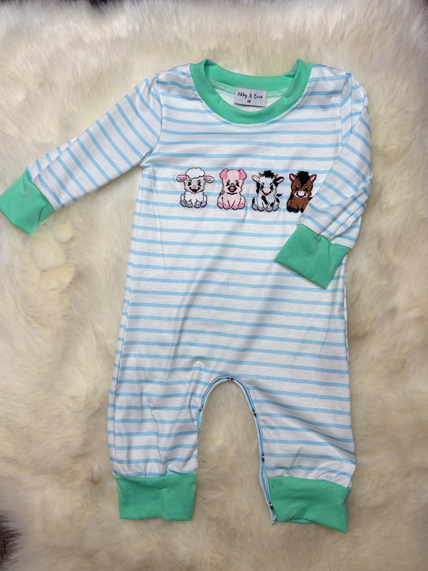 Green & Blue Farm Animals Embroidery Romper